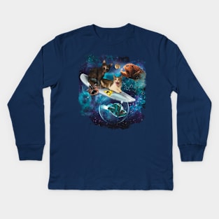 Surfing space cats with space fish Kids Long Sleeve T-Shirt